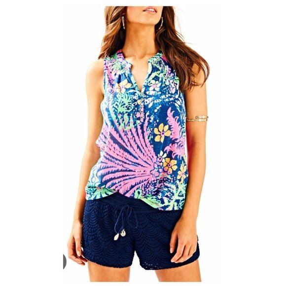Lilly Pulitzer Essie Top Medium Cotton Sleeveless Tropical Print Blue Pink - Picture 1 of 10